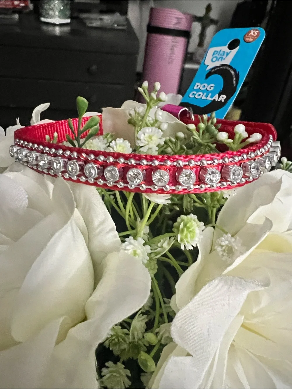 Poppy Red Dog Collar with Rhinestones Adjustable Size XS